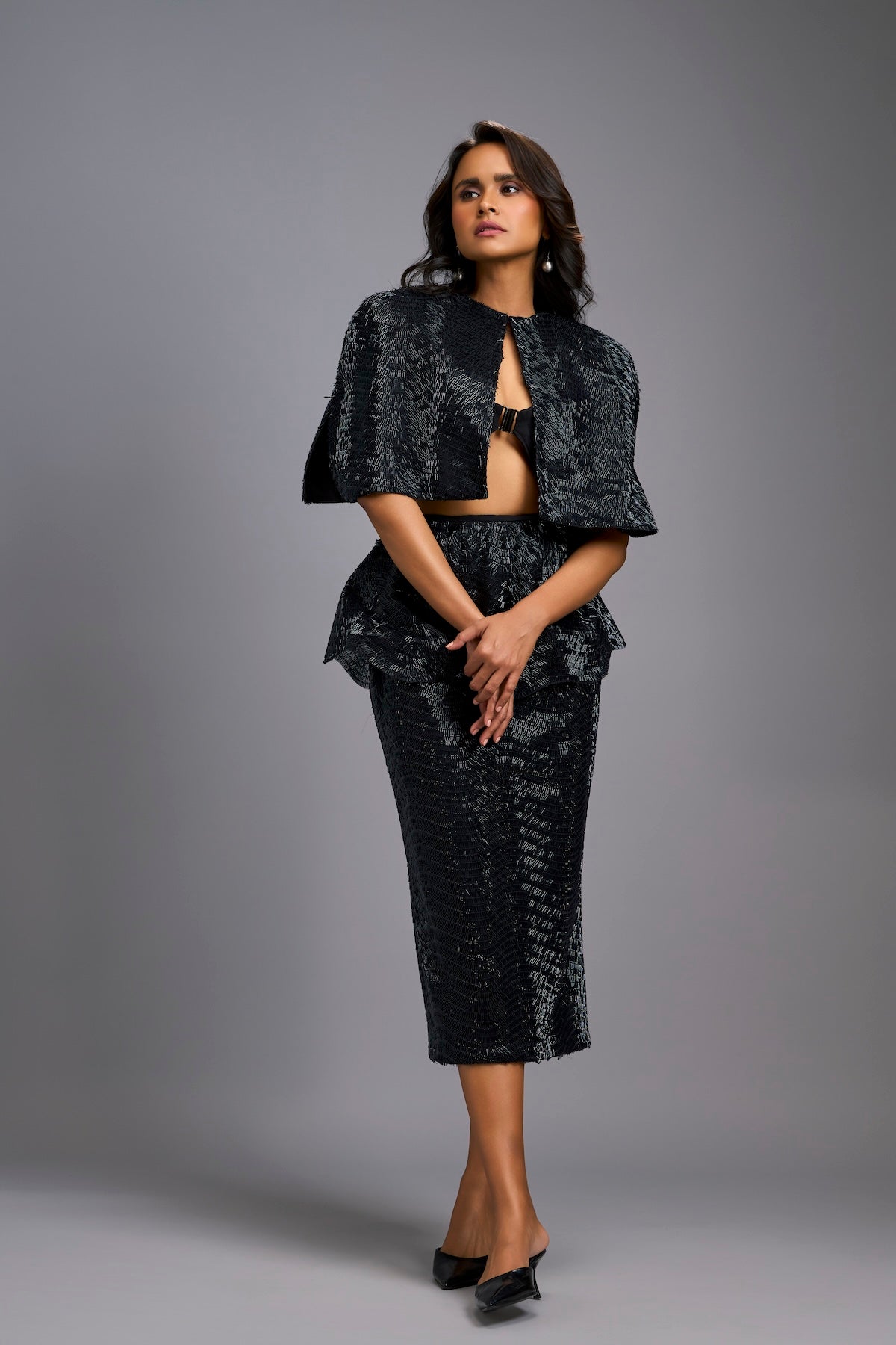 Black Shimmer Co-ord Set with Cape & Midi Skirt