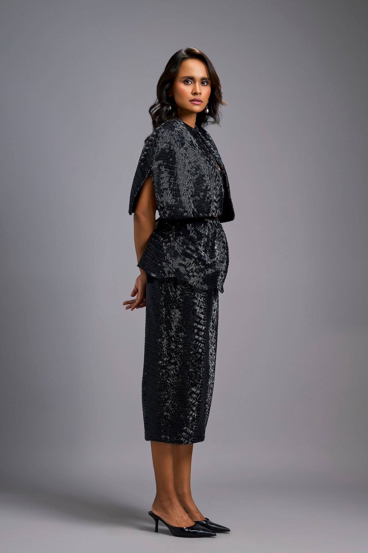 Black Shimmer Embroidered Midi Skirt