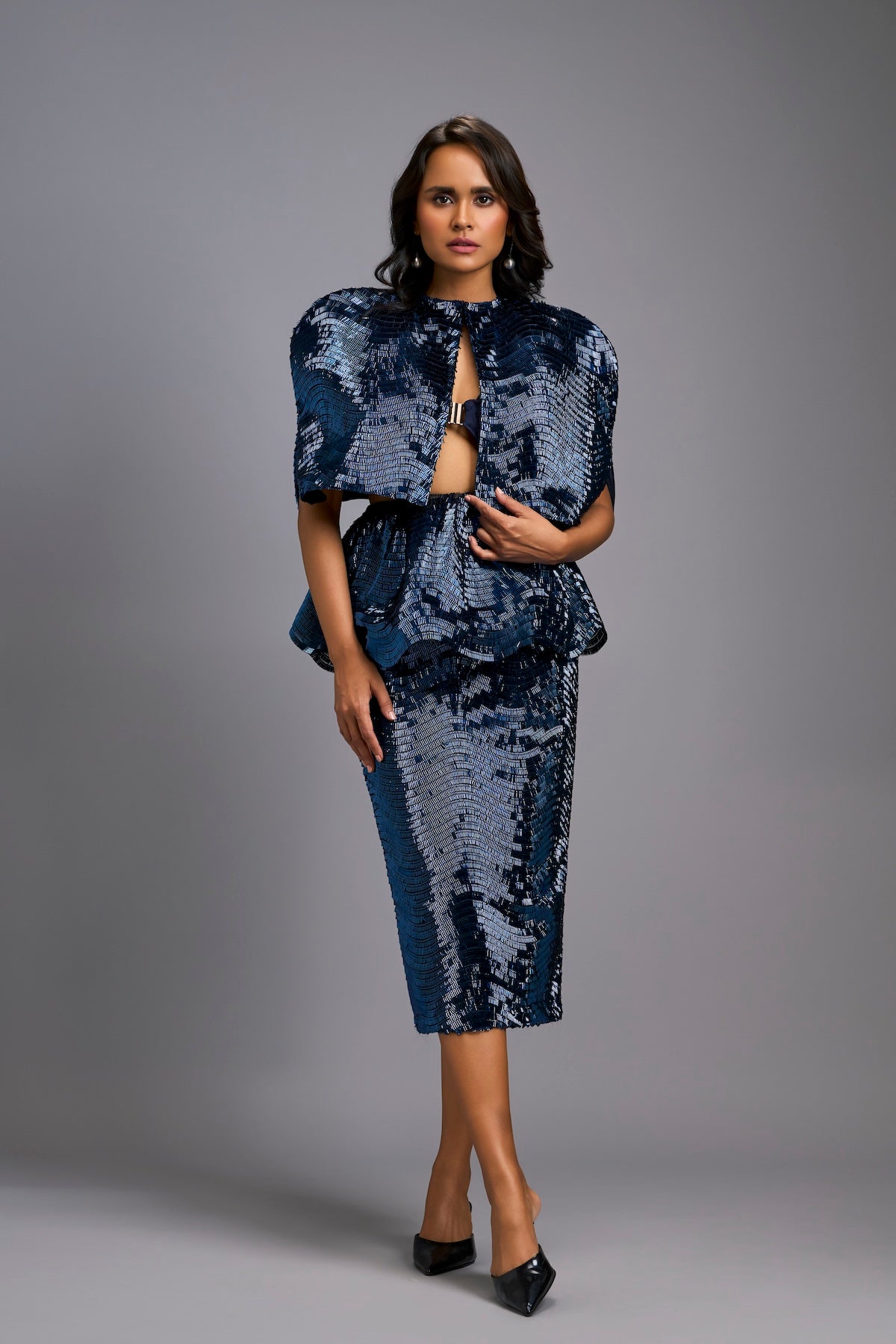 Navy Blue Shimmer Co-ord Set with Cape & Midi Skirt