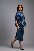 Load image into Gallery viewer, Navy Blue Shimmer Co-ord Set with Cape & Midi Skirt
