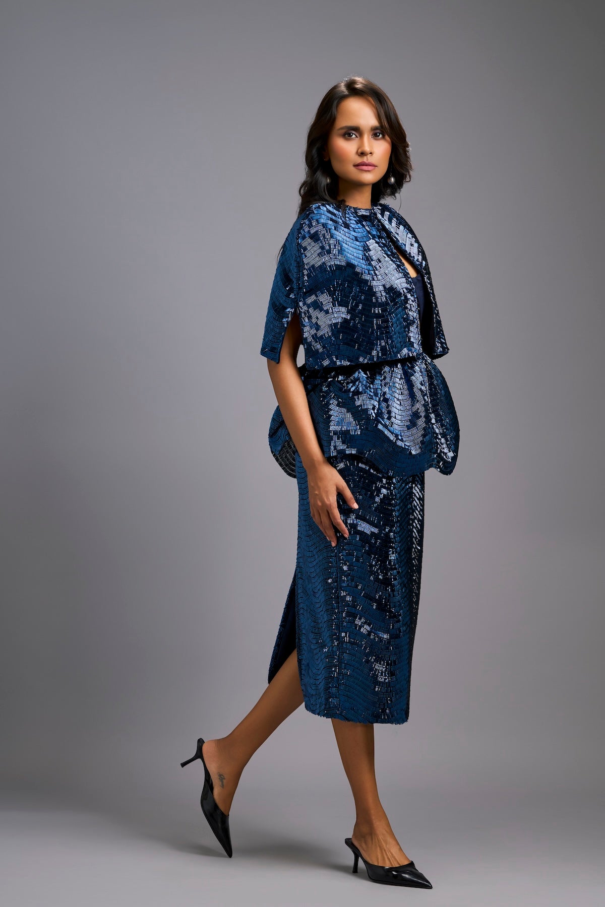 Navy Blue Shimmer Co-ord Set with Cape & Midi Skirt