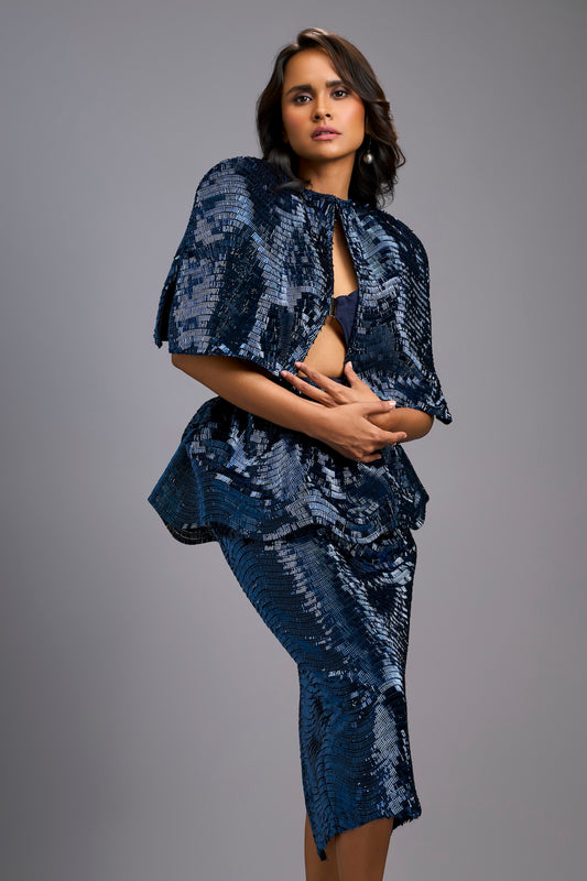 Navy Blue Shimmer Co-ord Set with Cape & Midi Skirt