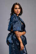 Load image into Gallery viewer, Navy Blue Shimmer Co-ord Set with Cape & Midi Skirt

