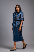 Load image into Gallery viewer, Navy Blue Shimmer Co-ord Set with Cape & Midi Skirt
