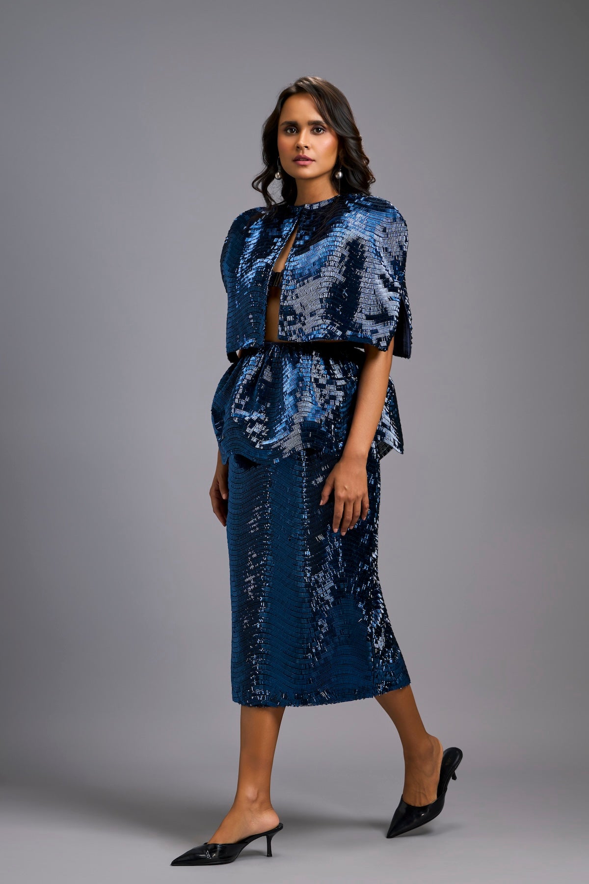 Navy Blue Shimmer Co-ord Set with Cape & Midi Skirt