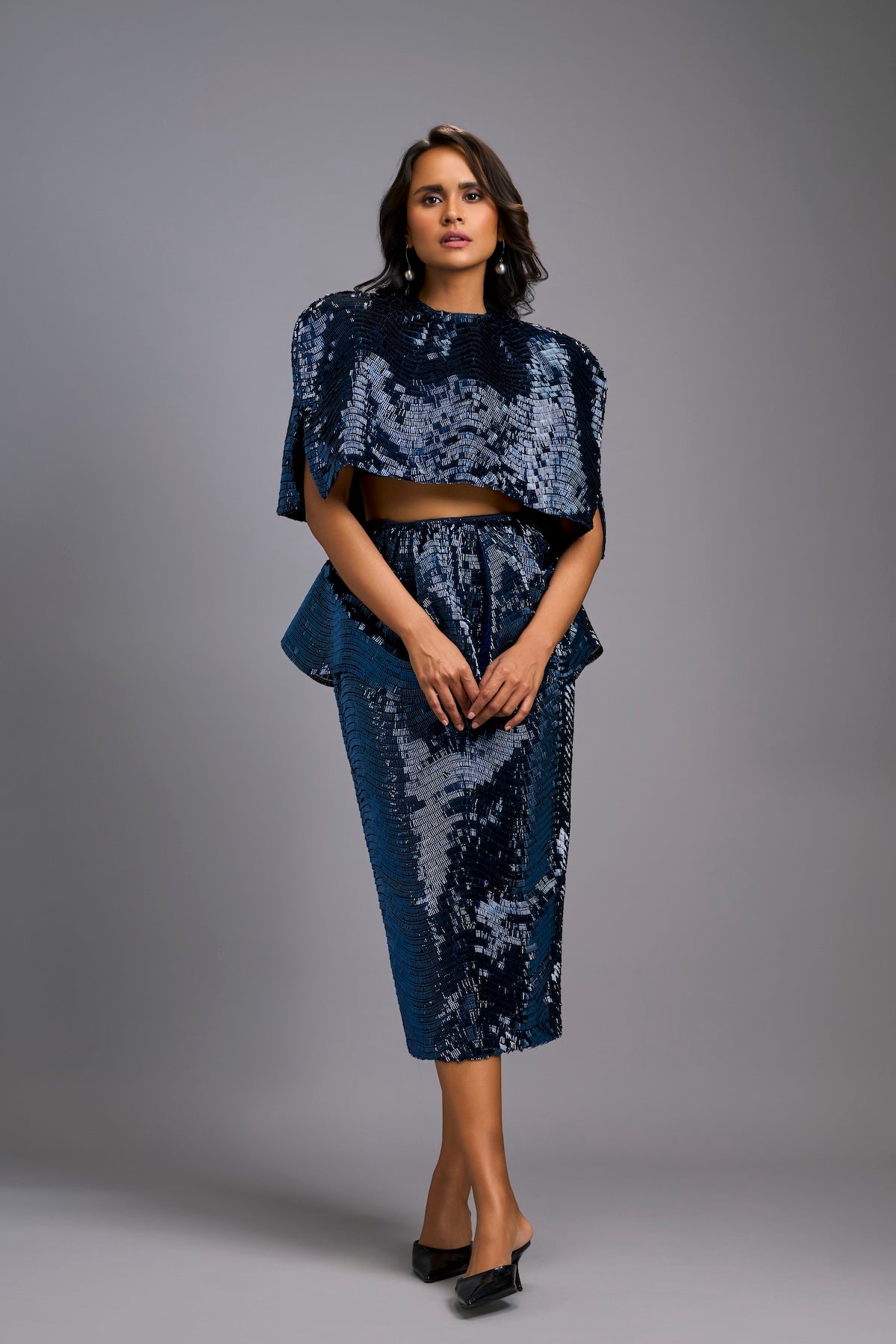 Navy Blue Shimmer Co-ord Set with Cape & Midi Skirt