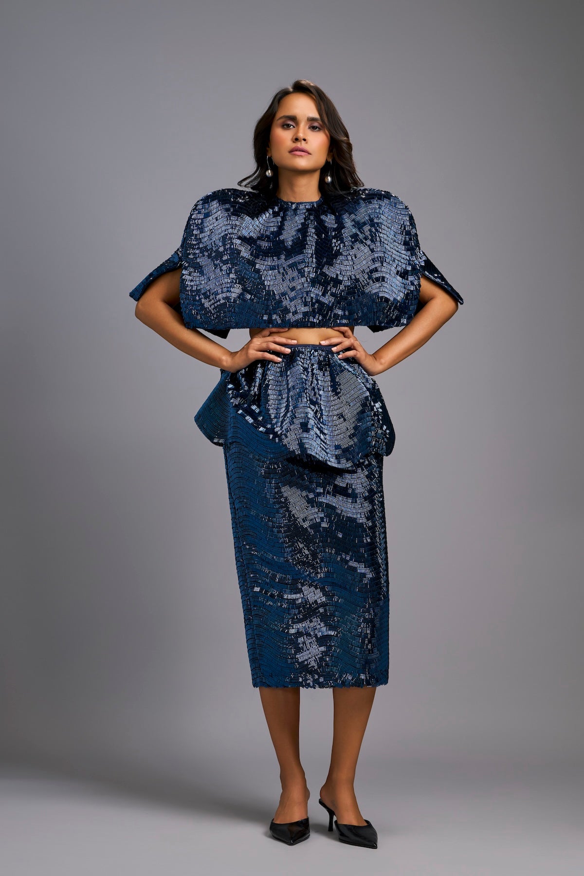 Navy Blue Shimmer Co-ord Set with Cape & Midi Skirt