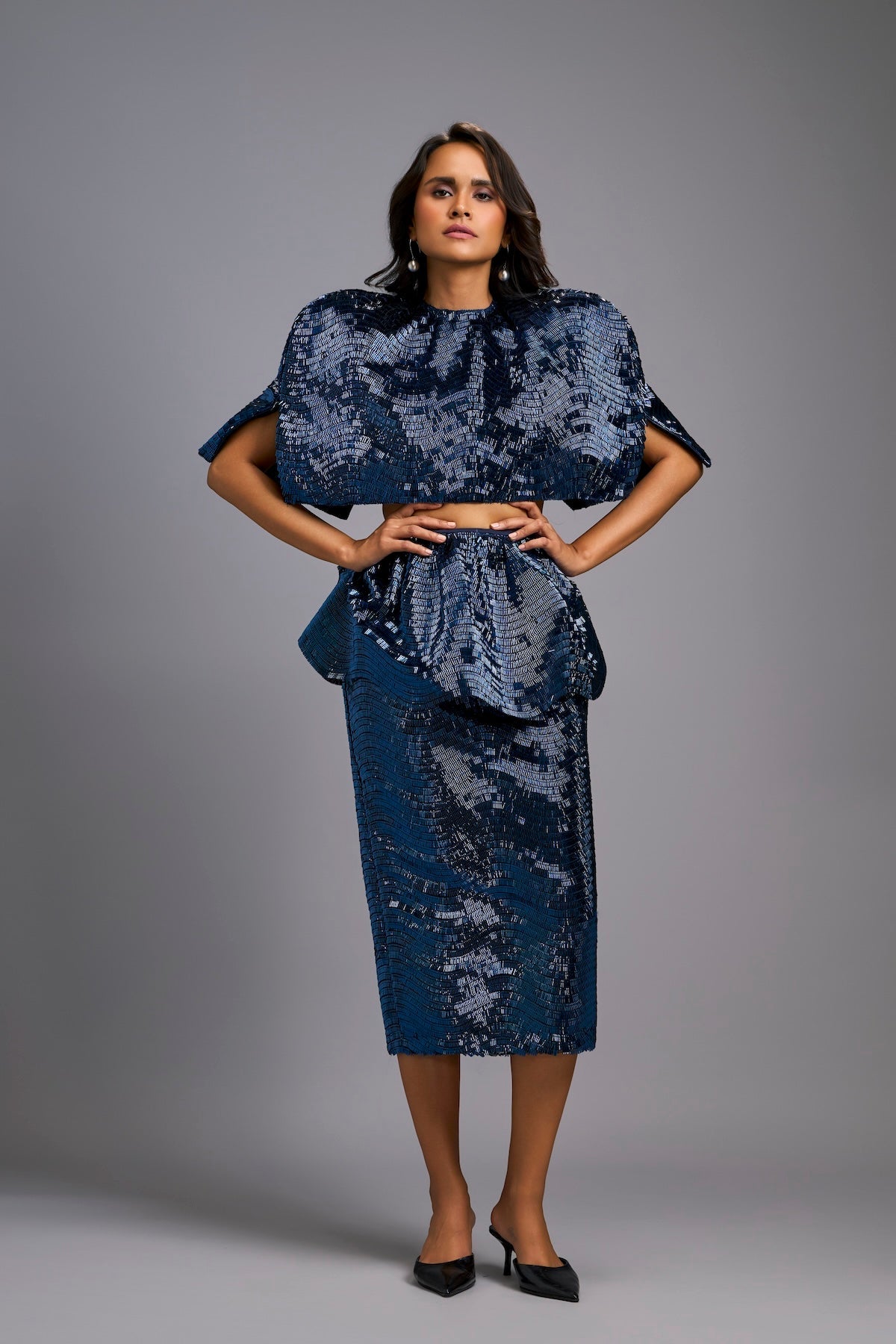 Navy Blue Shimmer Co-ord Set with Cape & Midi Skirt