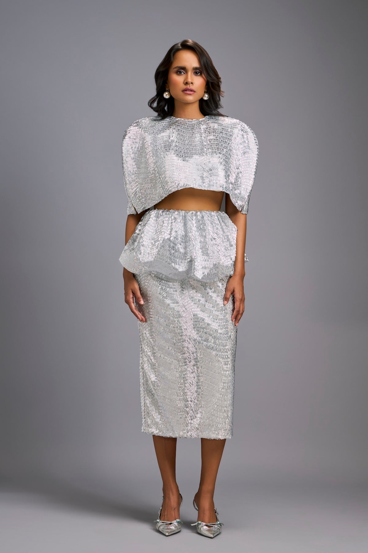 White Shimmer Co-ord Set with Cape & Midi Skirt