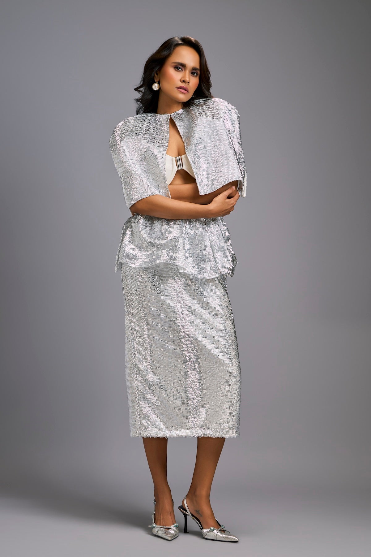 White Shimmer Co-ord Set with Cape & Midi Skirt