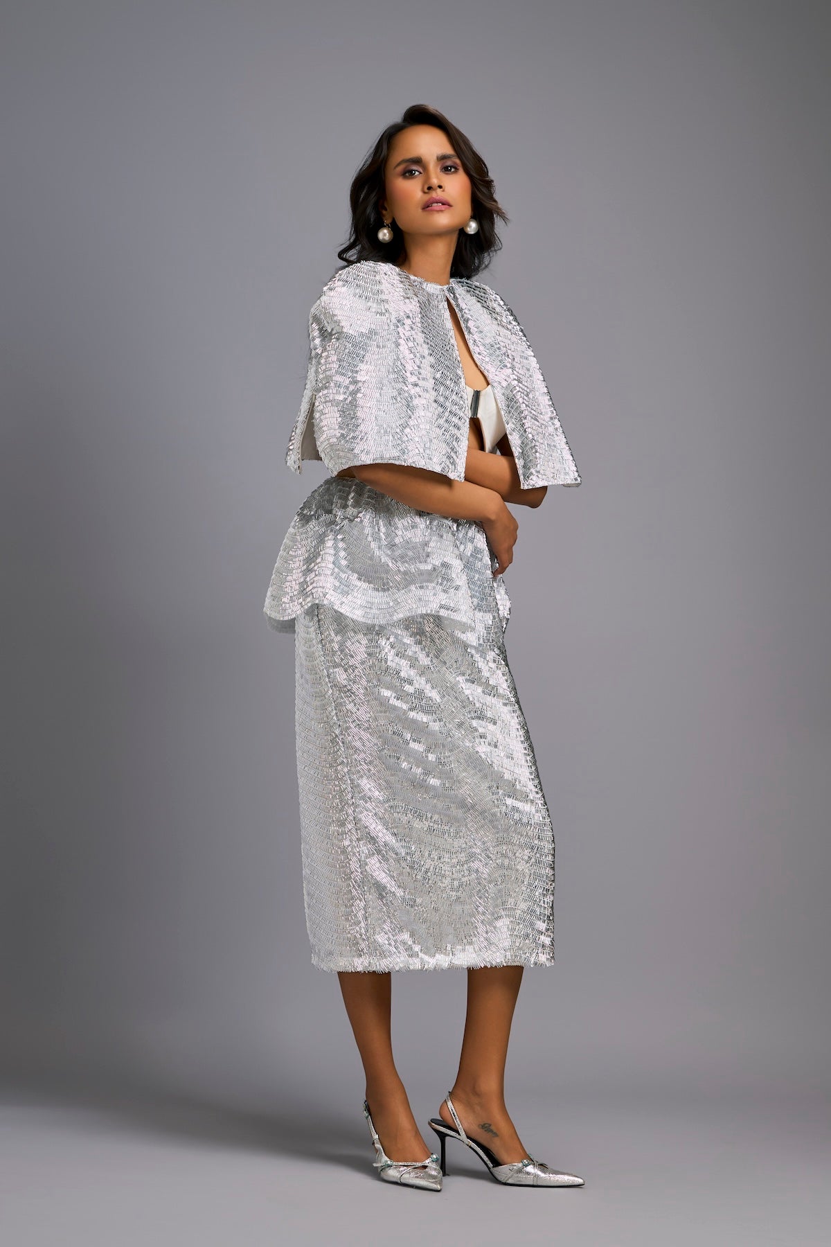 White Shimmer Co-ord Set with Cape & Midi Skirt