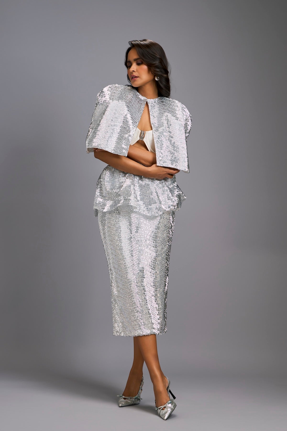 White Shimmer Co-ord Set with Cape & Midi Skirt