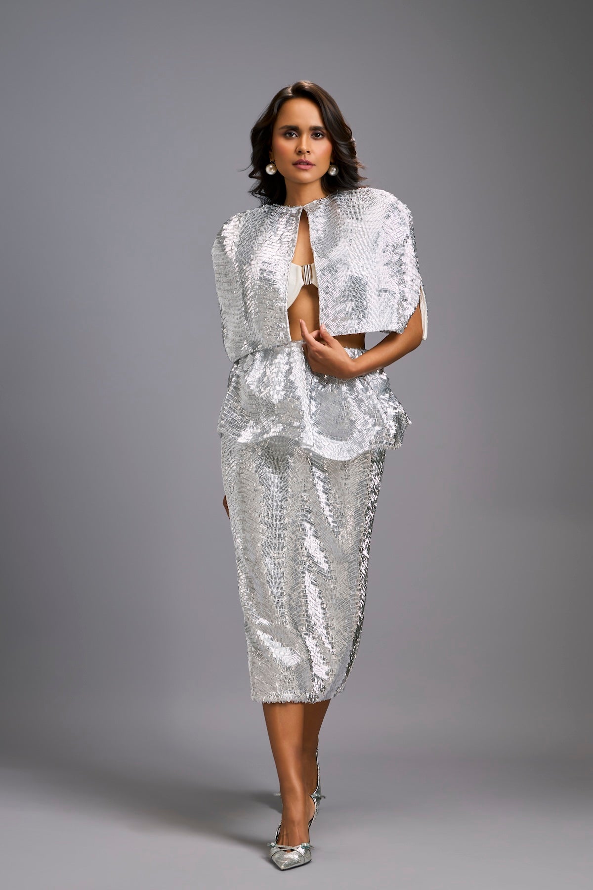 White Shimmer Co-ord Set with Cape & Midi Skirt