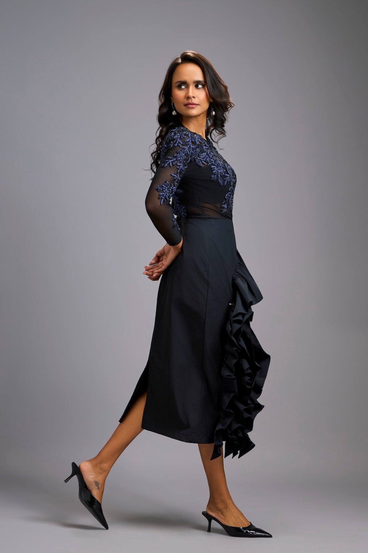 Blue Swarovski-Embroidered Top with Asymmetrical Skirt