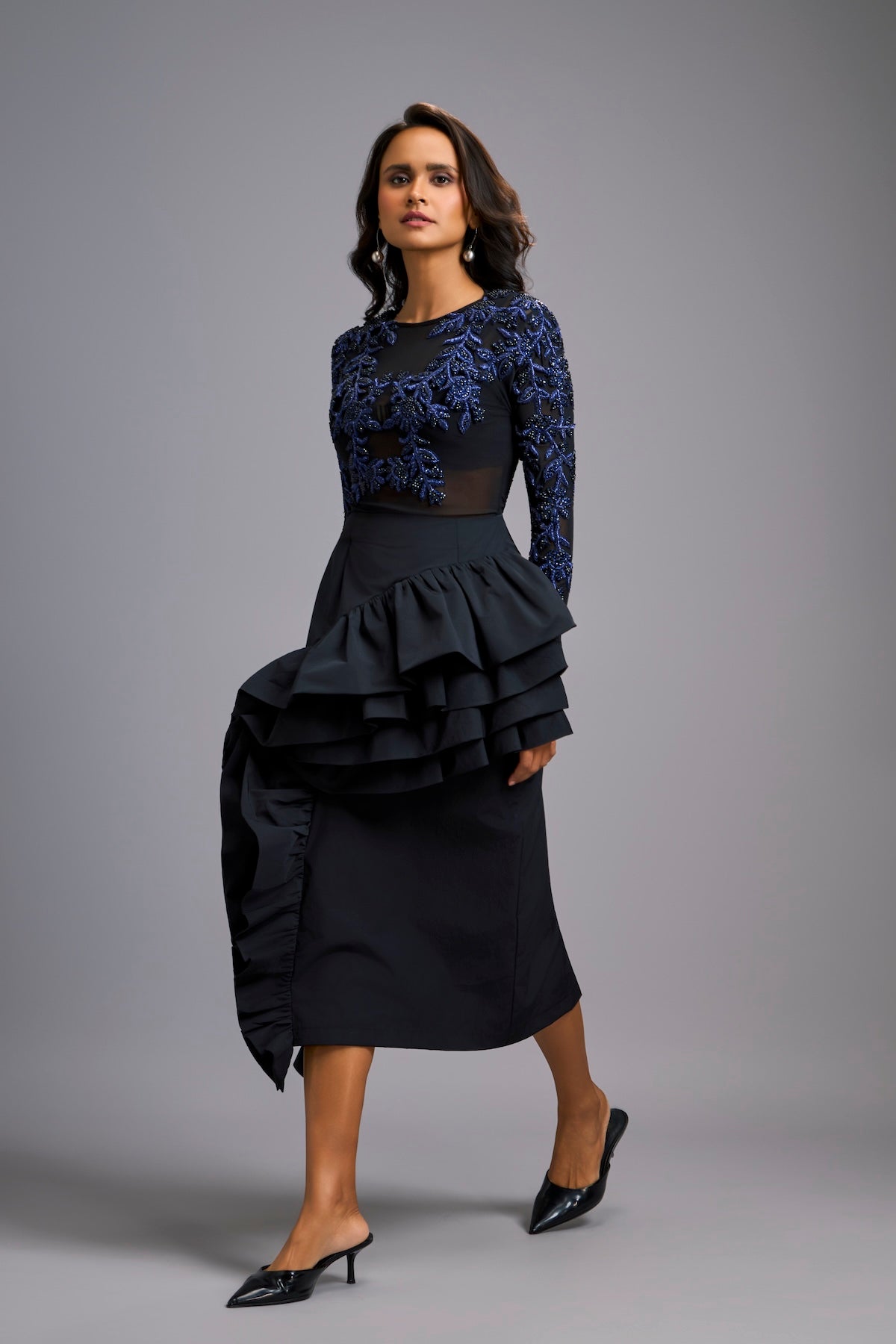 Blue Swarovski-Embroidered Top with Asymmetrical Skirt