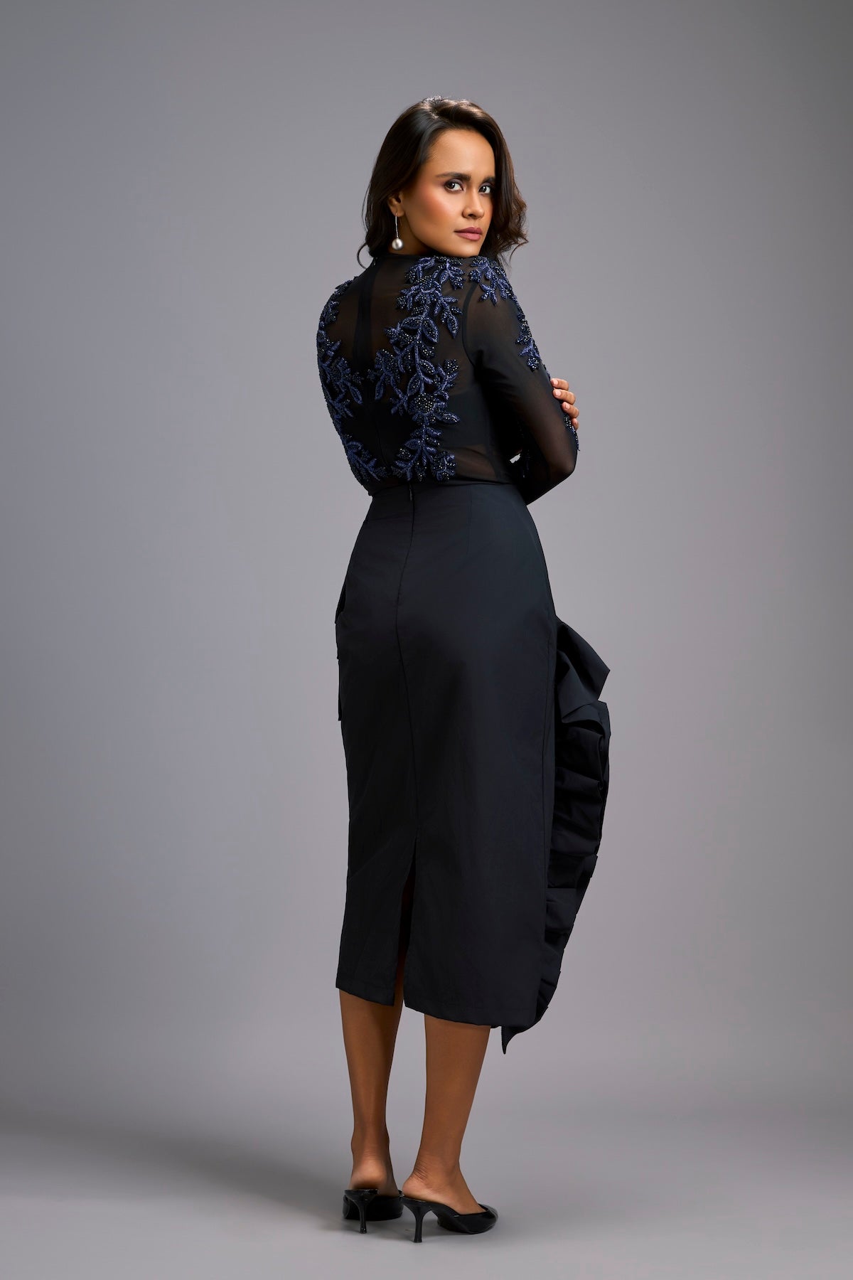 Blue Swarovski-Embroidered Top with Asymmetrical Skirt