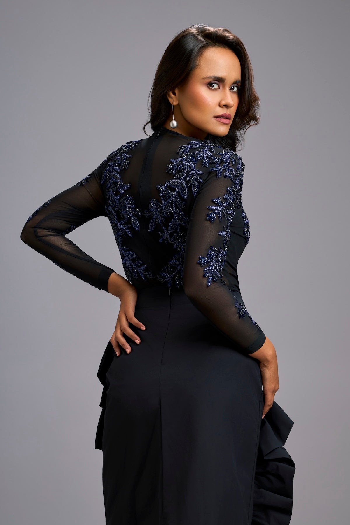 Blue Swarovski-Embroidered Top with Asymmetrical Skirt