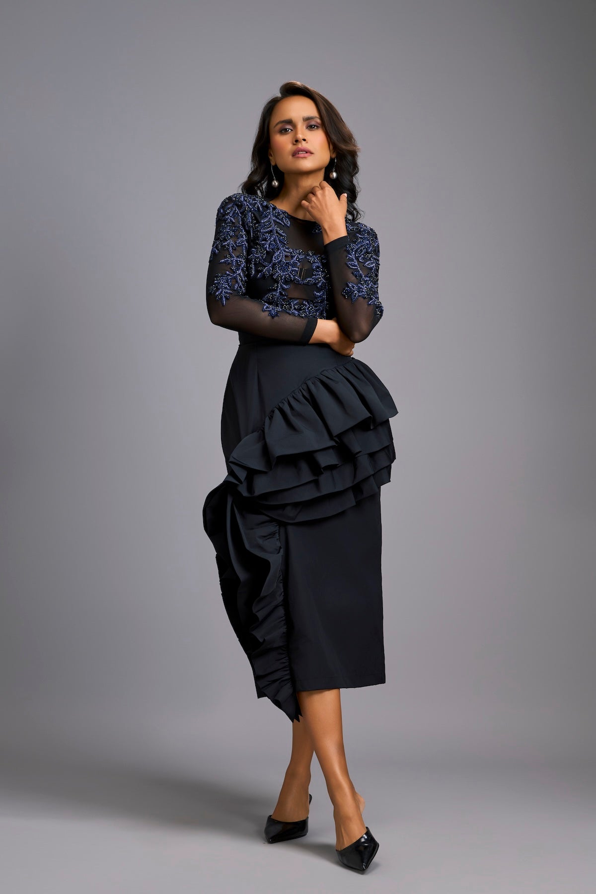Blue Swarovski-Embroidered Top with Asymmetrical Skirt