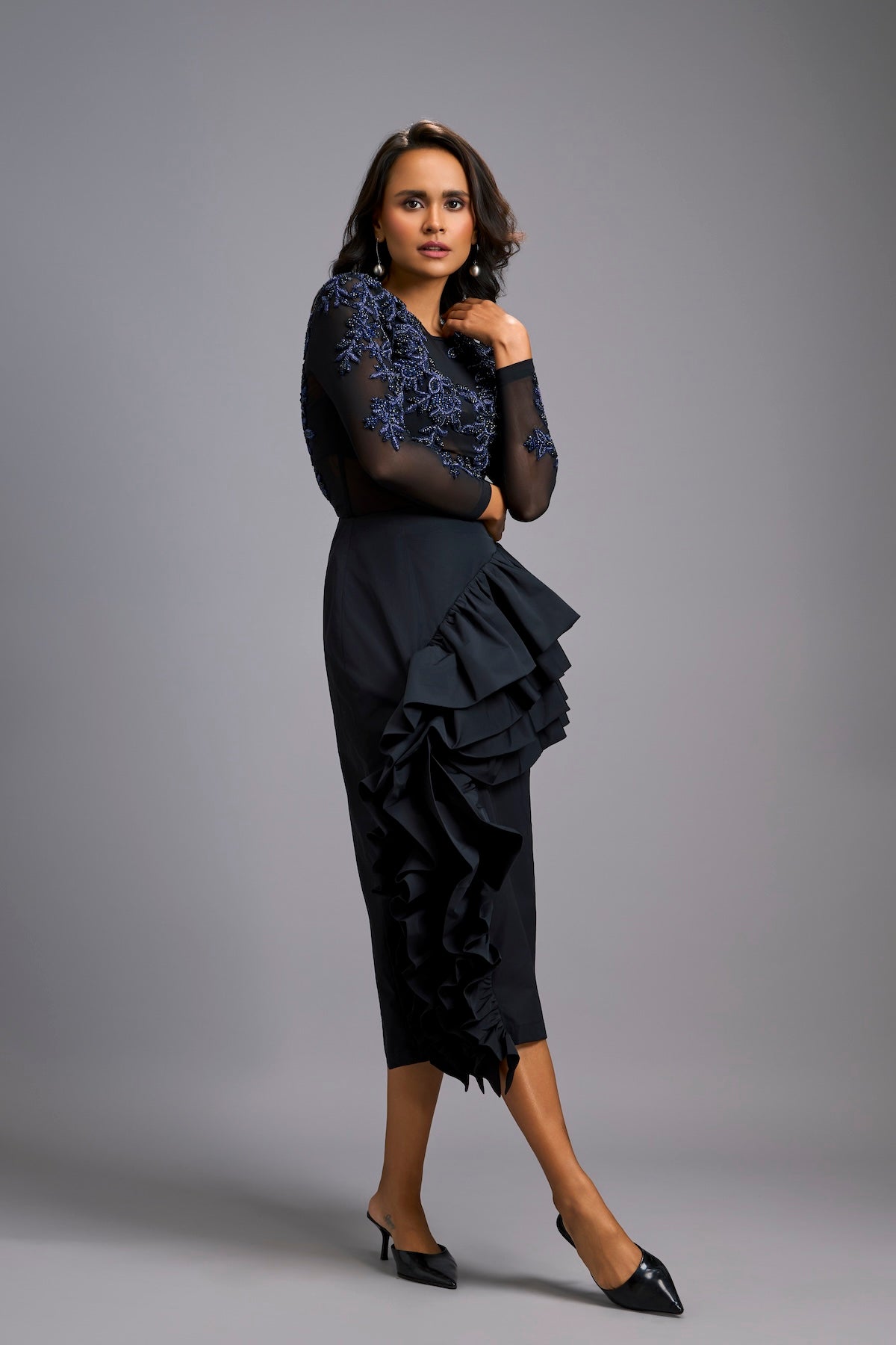 Blue Swarovski-Embroidered Top with Asymmetrical Skirt