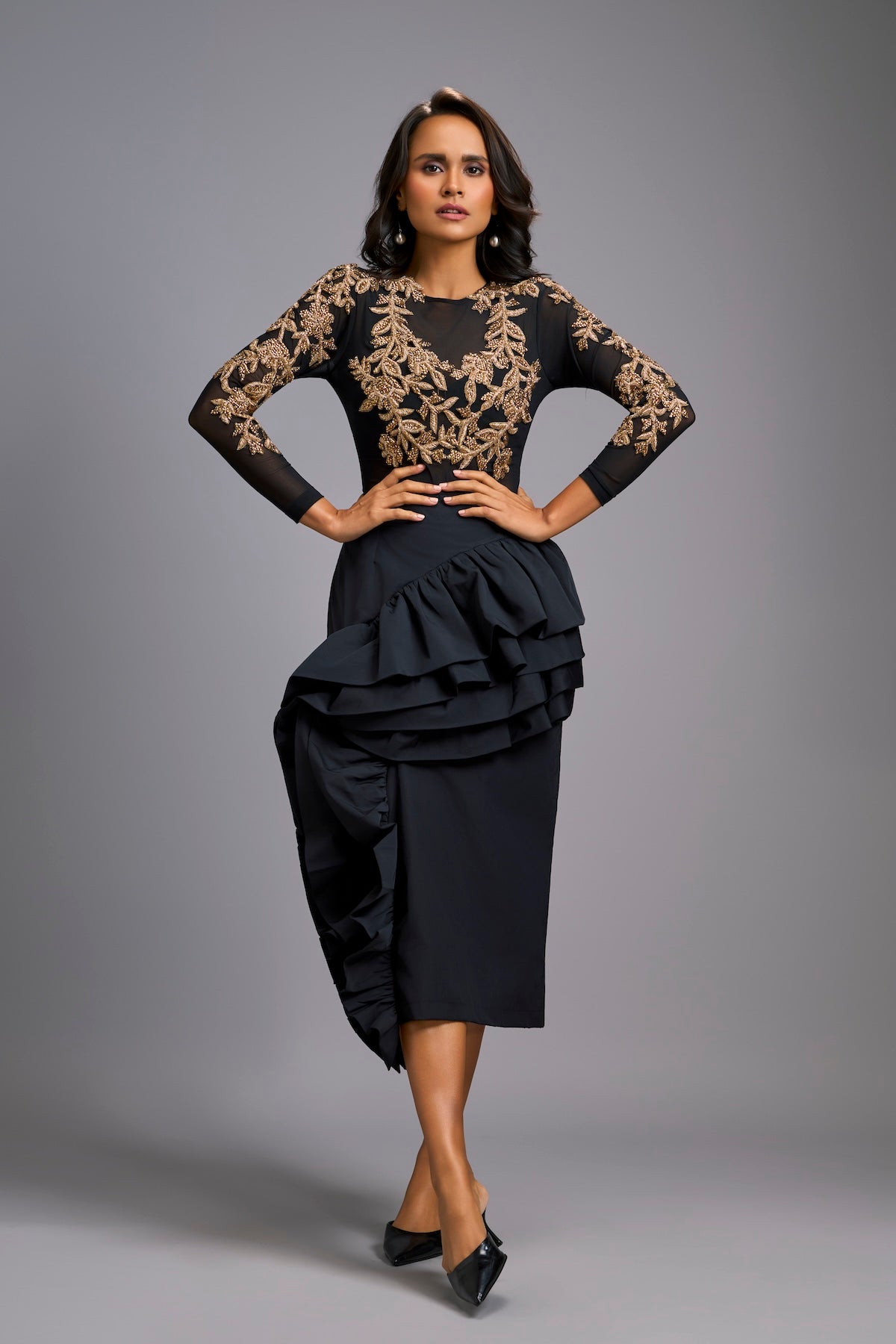 Gold Swarovski-Embroidered Top with Asymmetrical Skirt