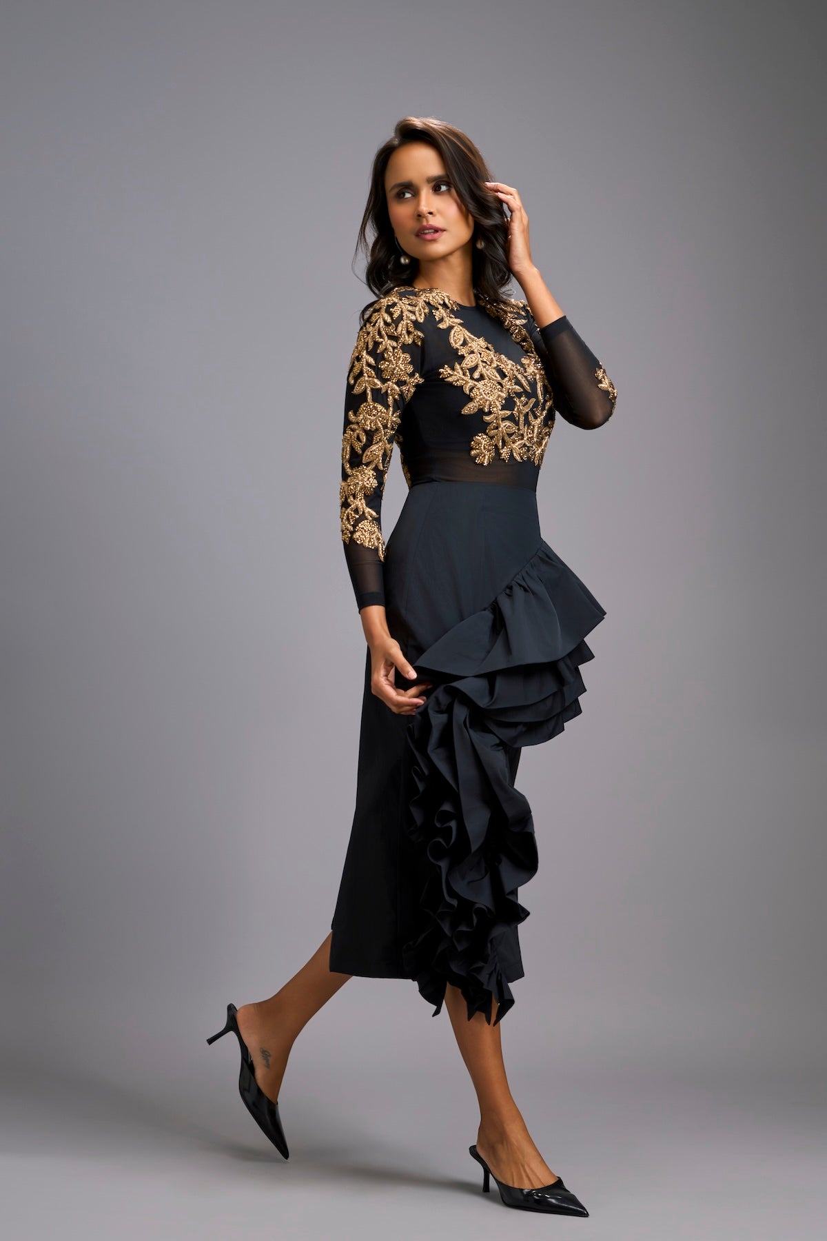 Gold Swarovski-Embroidered Top with Asymmetrical Skirt