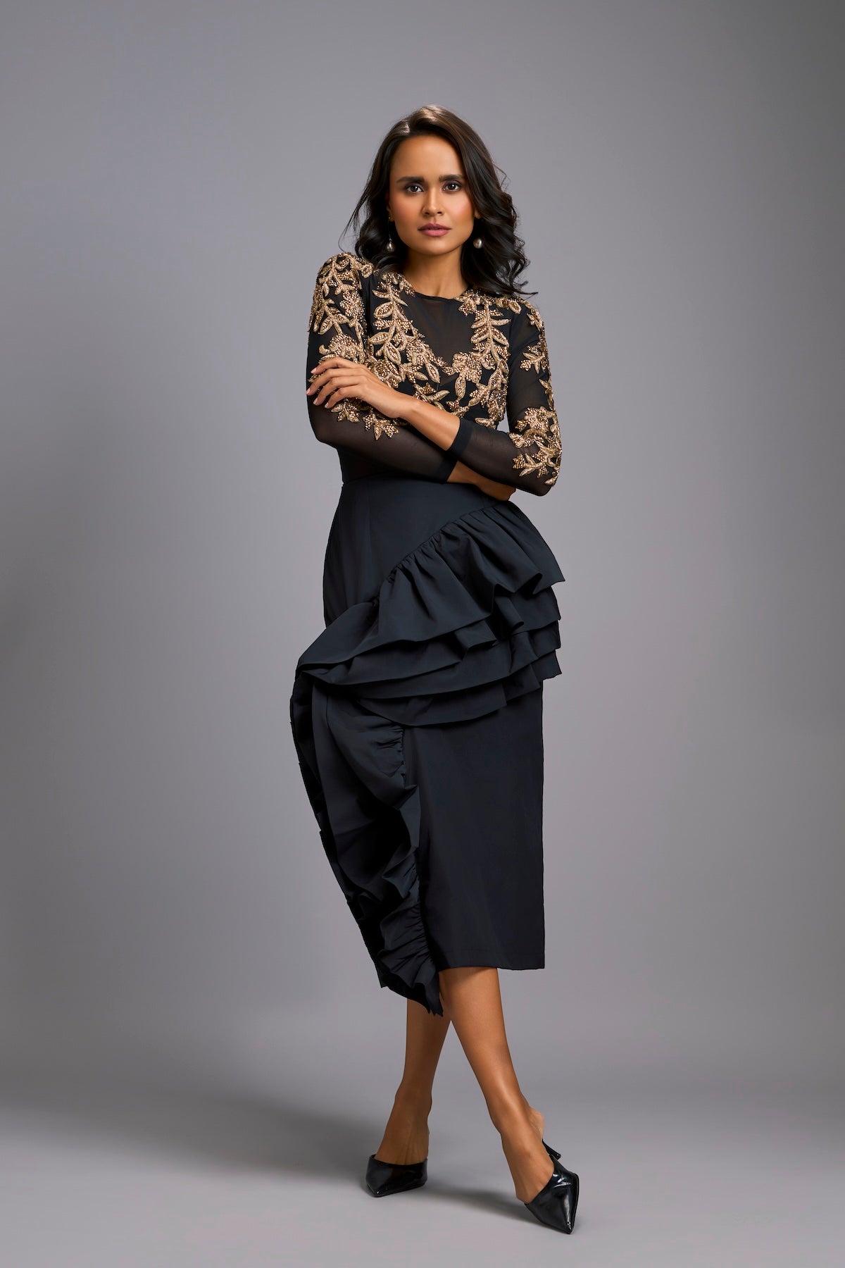 Gold Swarovski-Embroidered Top with Asymmetrical Skirt