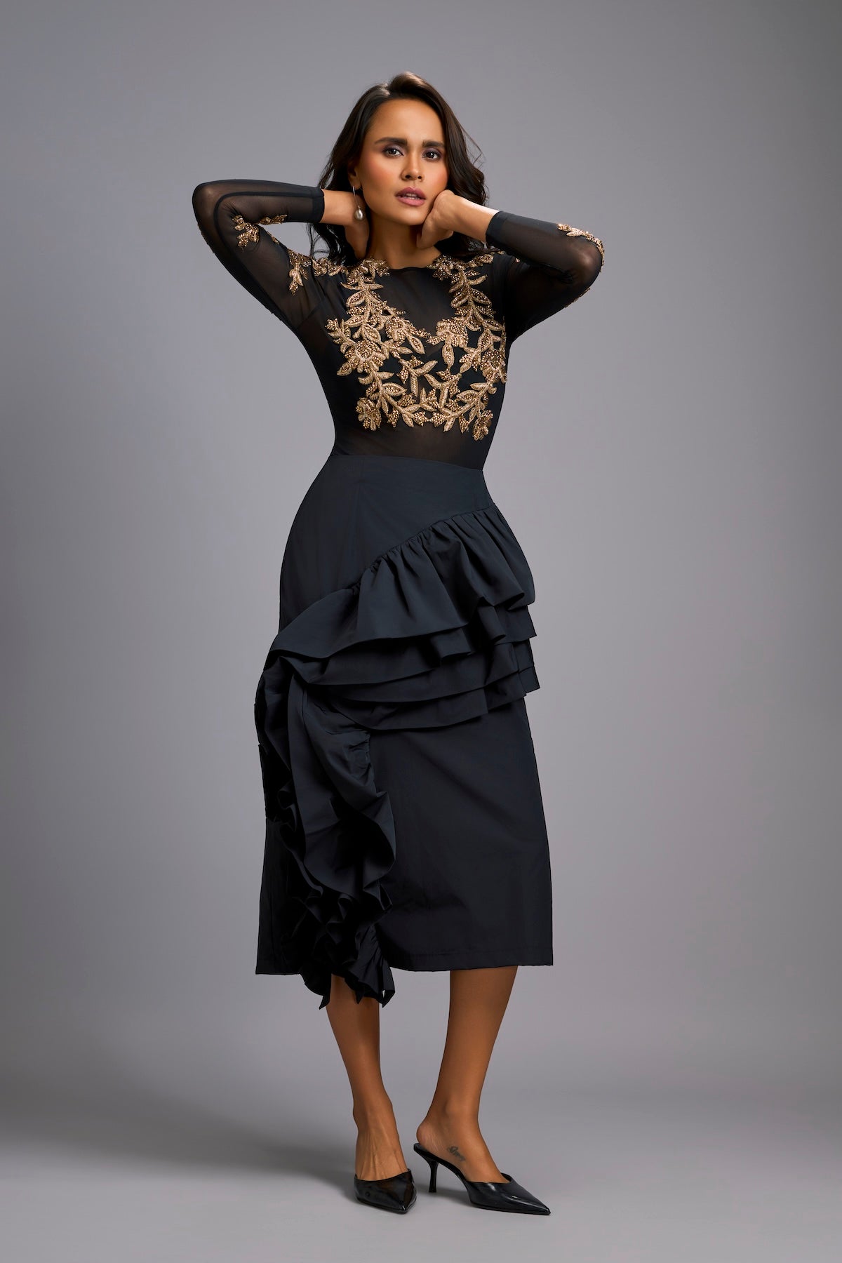 Gold Swarovski-Embroidered Top with Asymmetrical Skirt