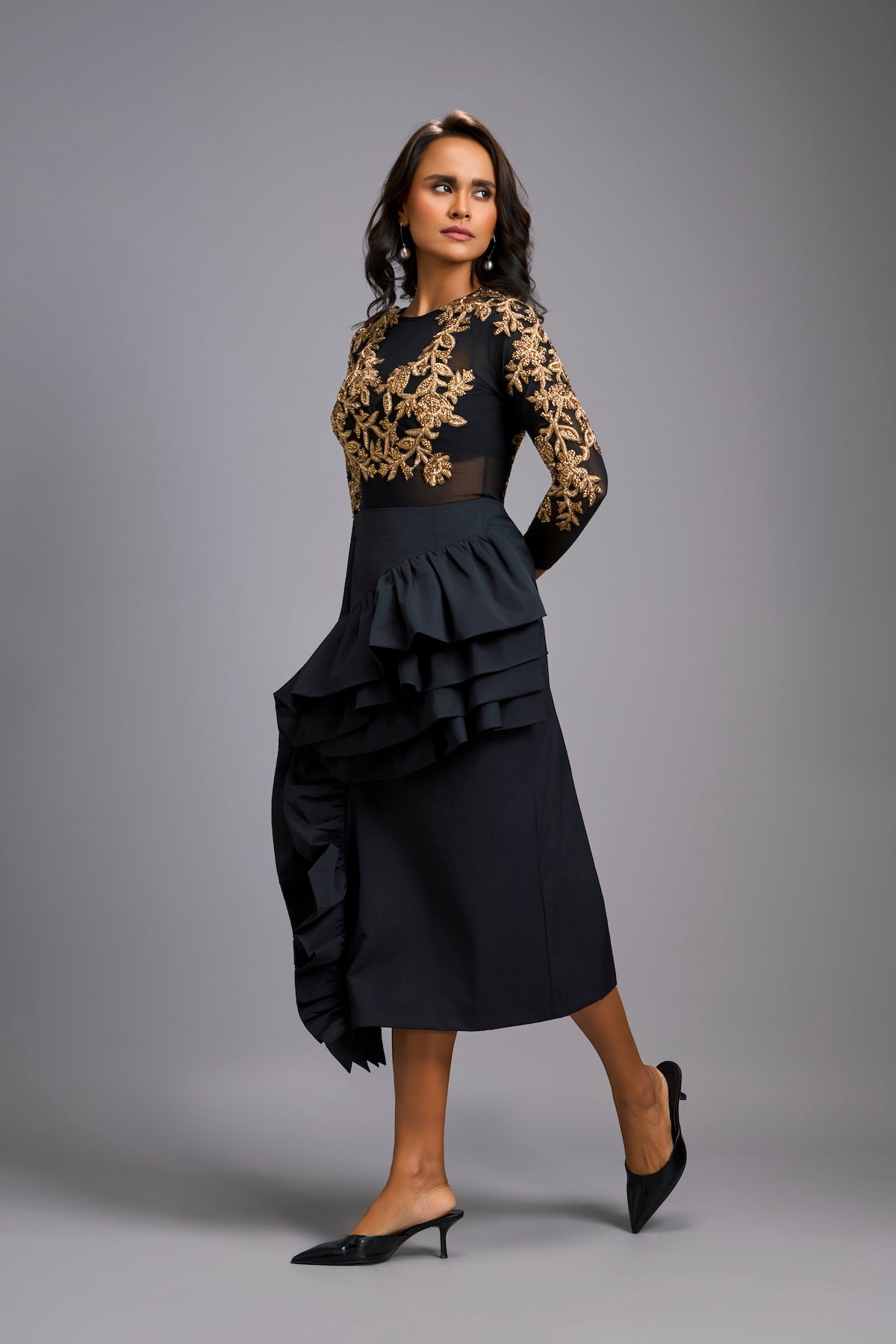 Gold Swarovski-Embroidered Top with Asymmetrical Skirt