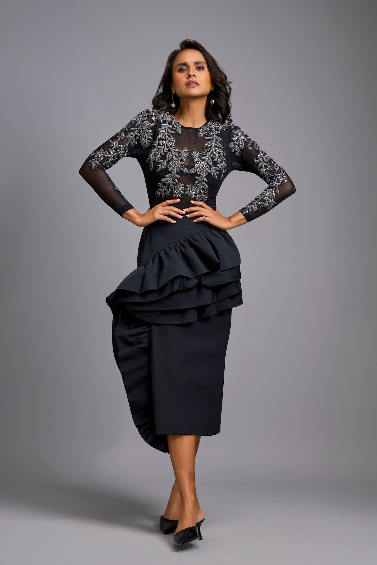Grey Swarovski-Embroidered Top with Asymmetrical Skirt