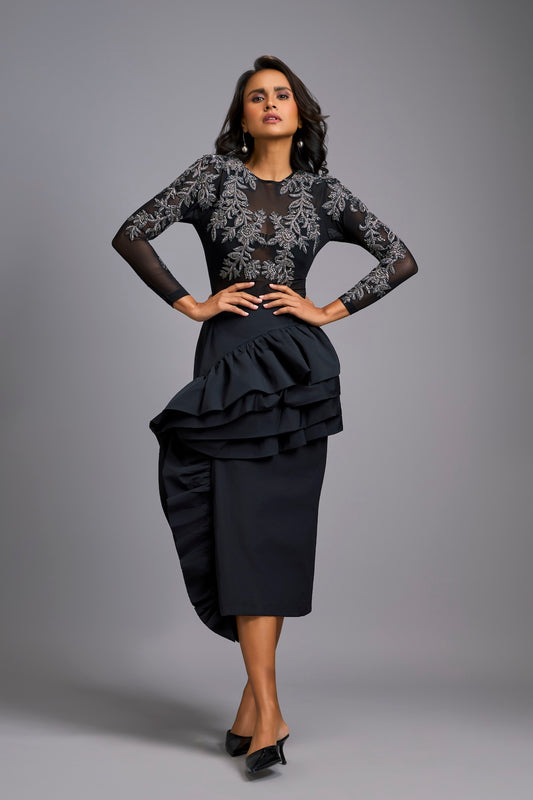 Grey Swarovski-Embroidered Top with Asymmetrical Skirt