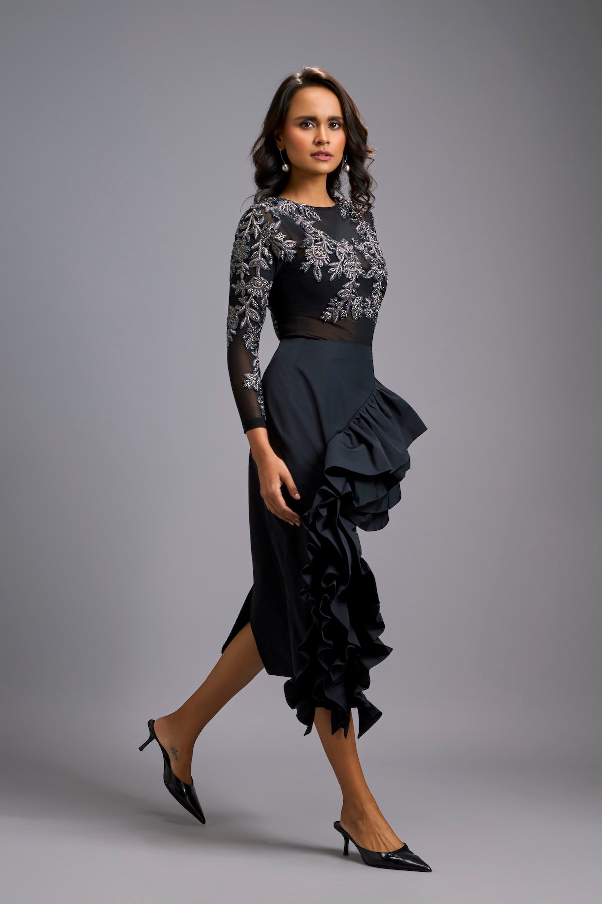 Grey Swarovski-Embroidered Top with Asymmetrical Skirt