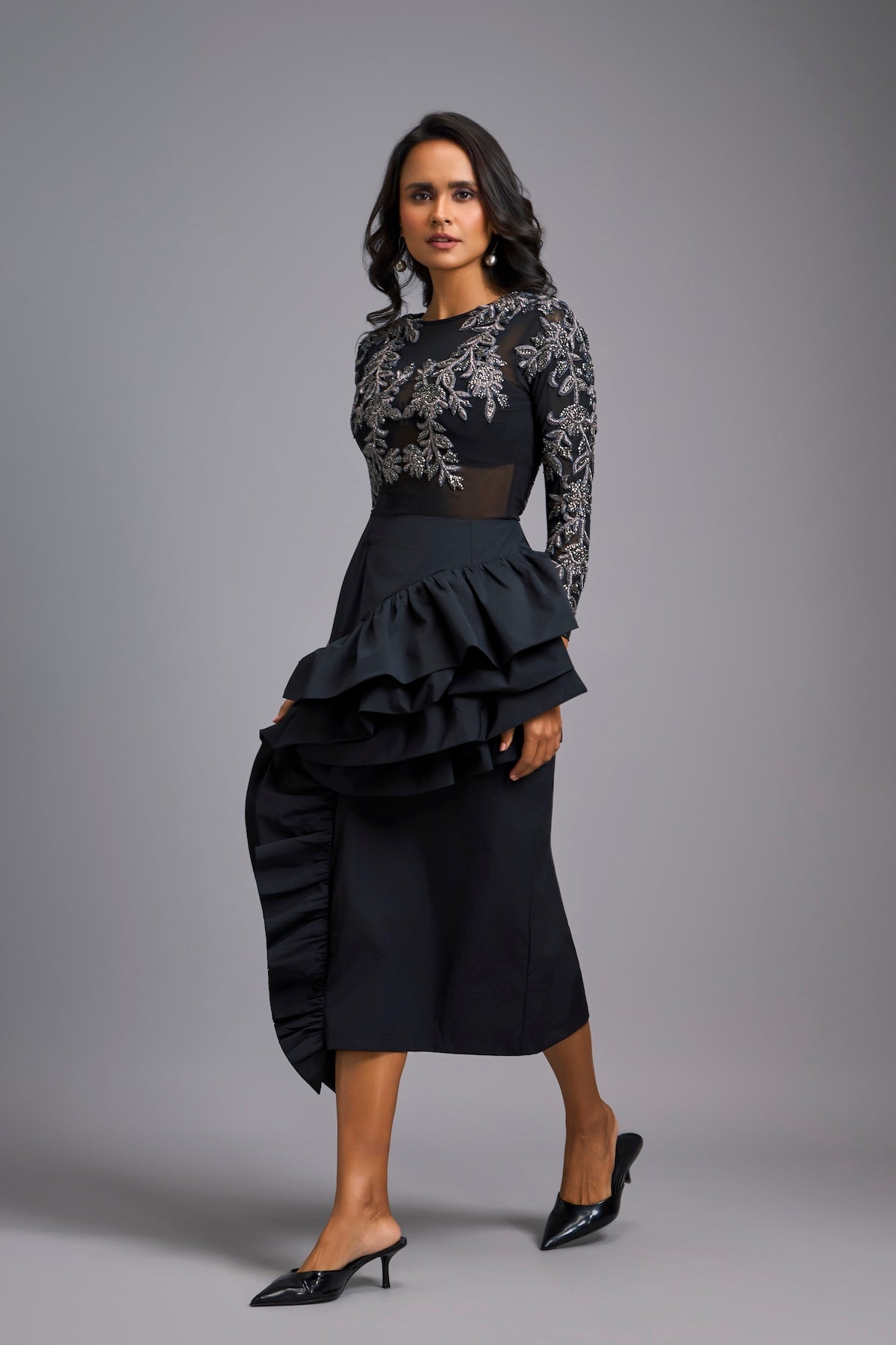 Grey Swarovski-Embroidered Top with Asymmetrical Skirt