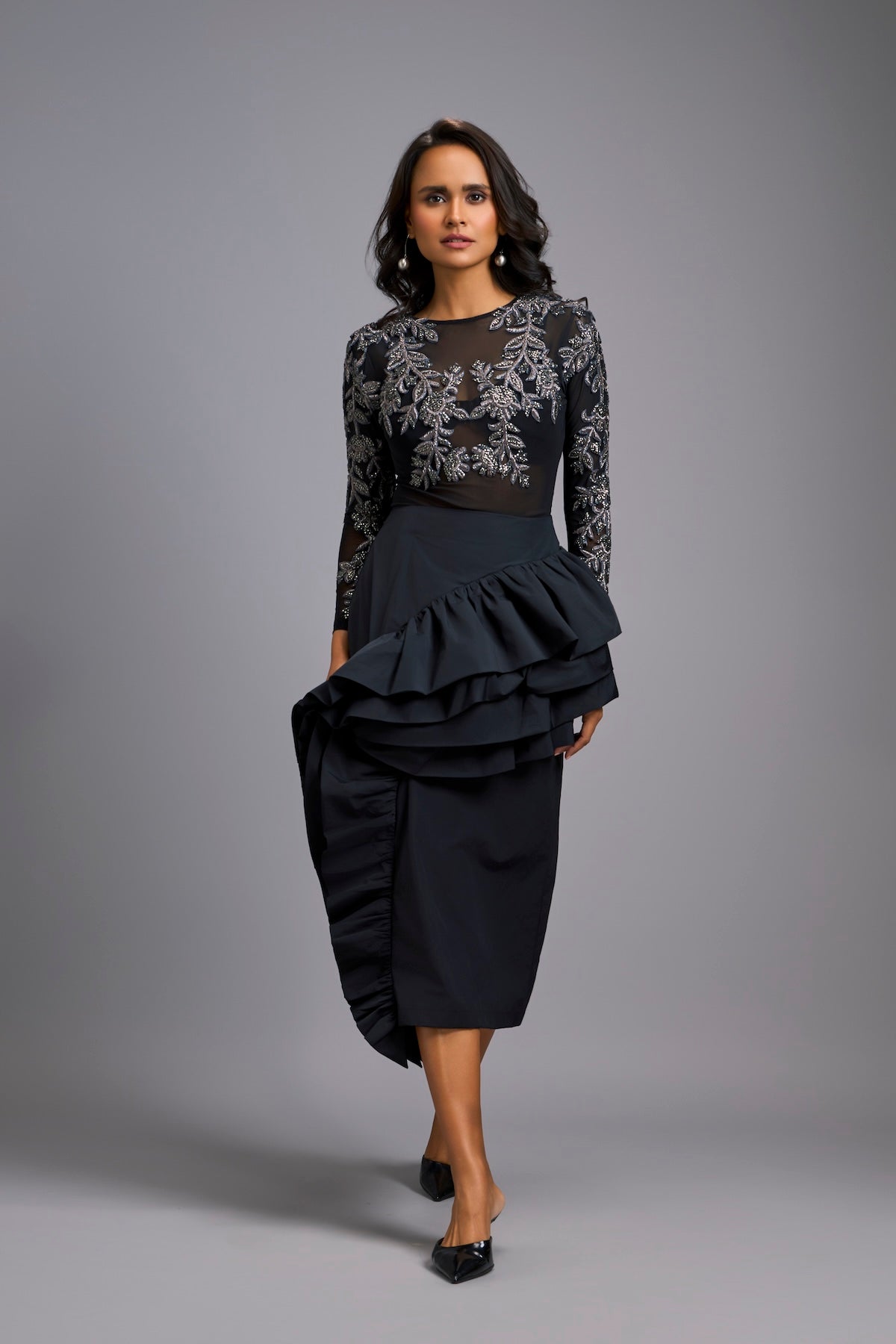 Grey Swarovski-Embroidered Top with Asymmetrical Skirt