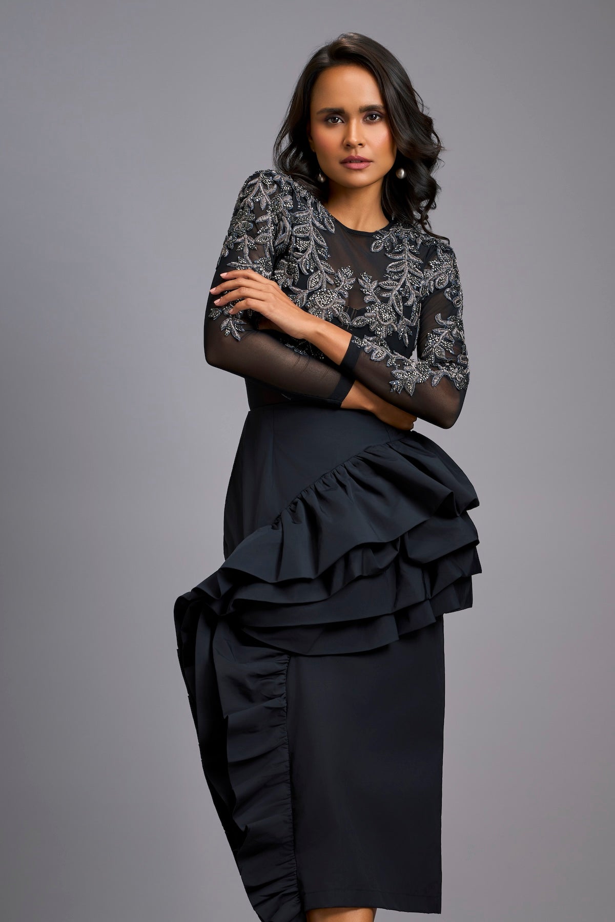 Grey Swarovski-Embroidered Top with Asymmetrical Skirt