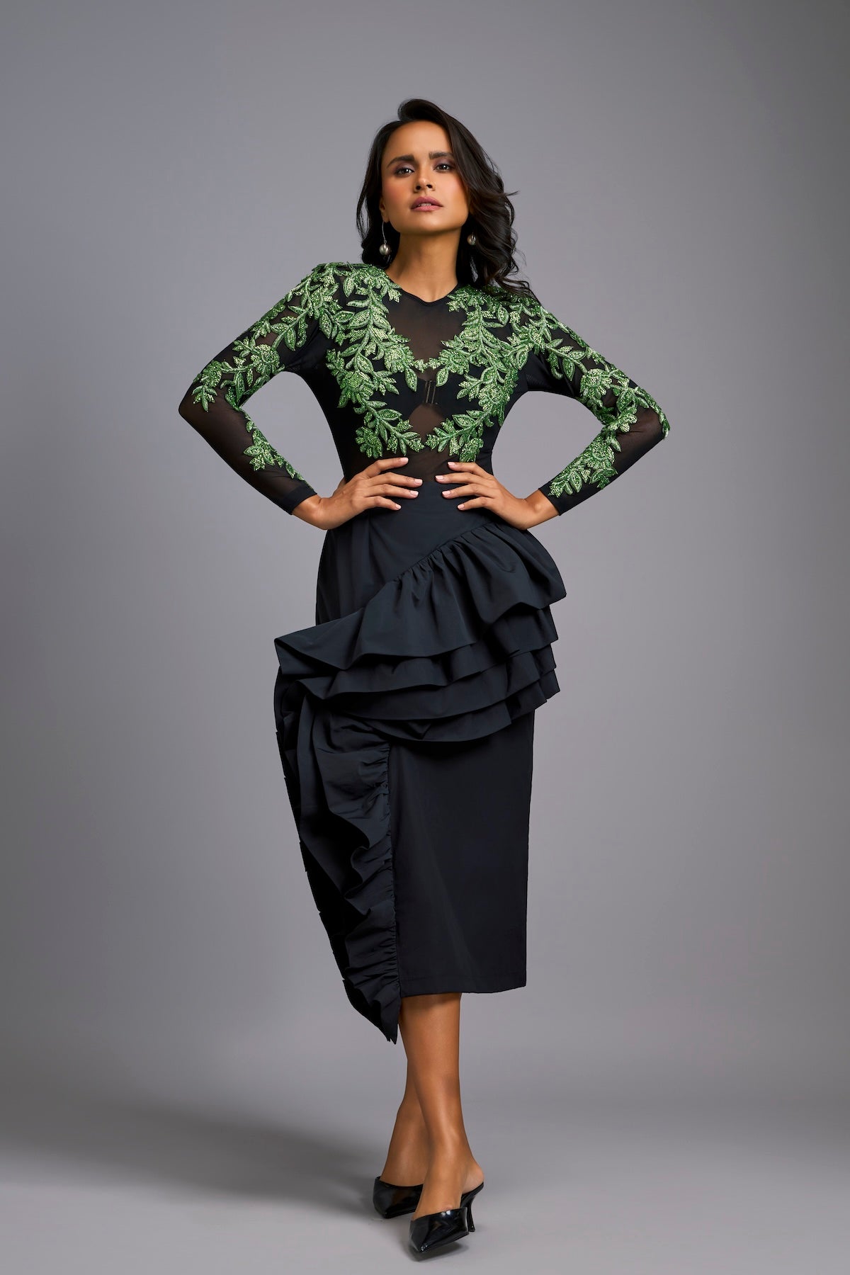 Green Swarovski-Embroidered Top with Asymmetrical Skirt