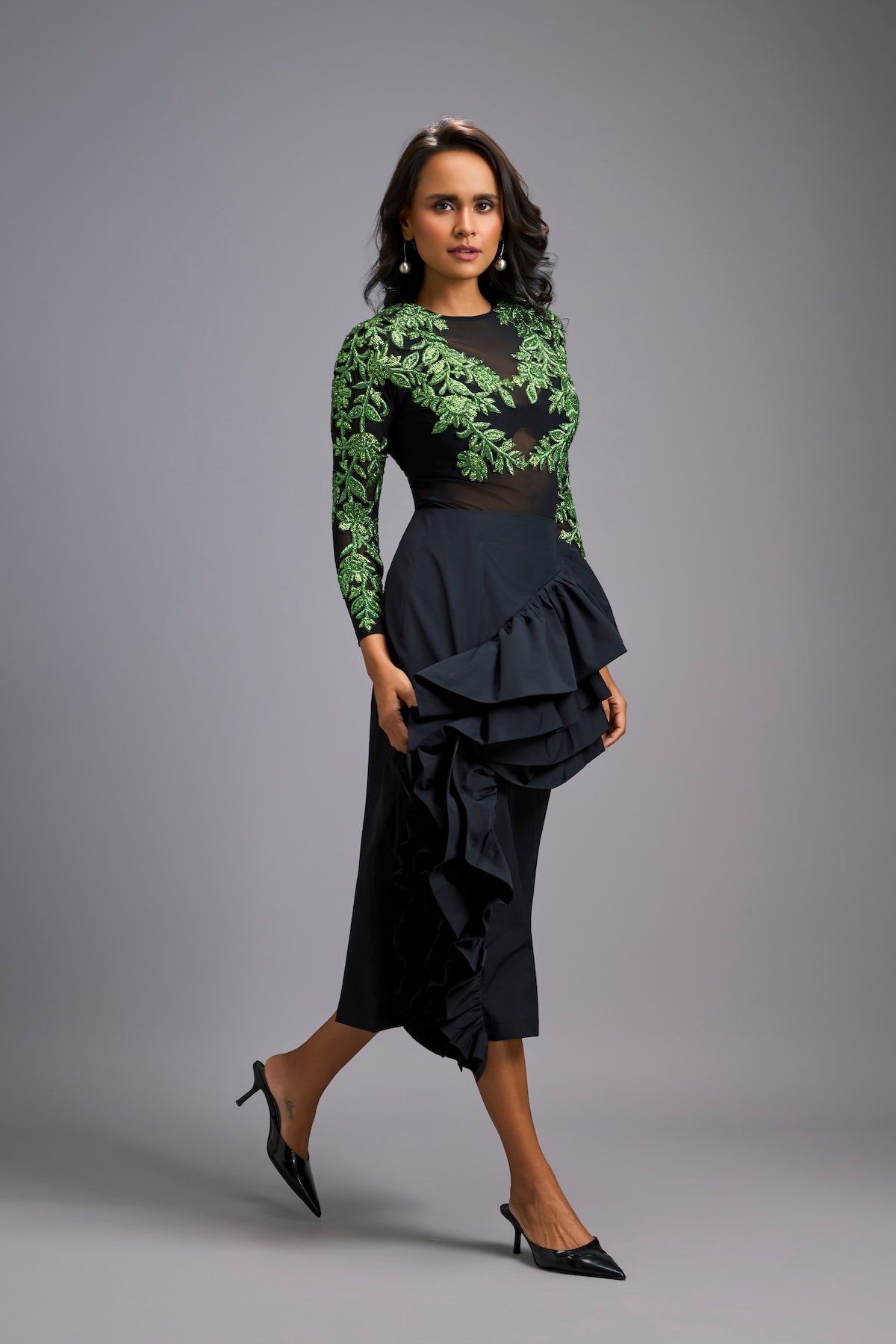 Green Swarovski-Embroidered Top with Asymmetrical Skirt