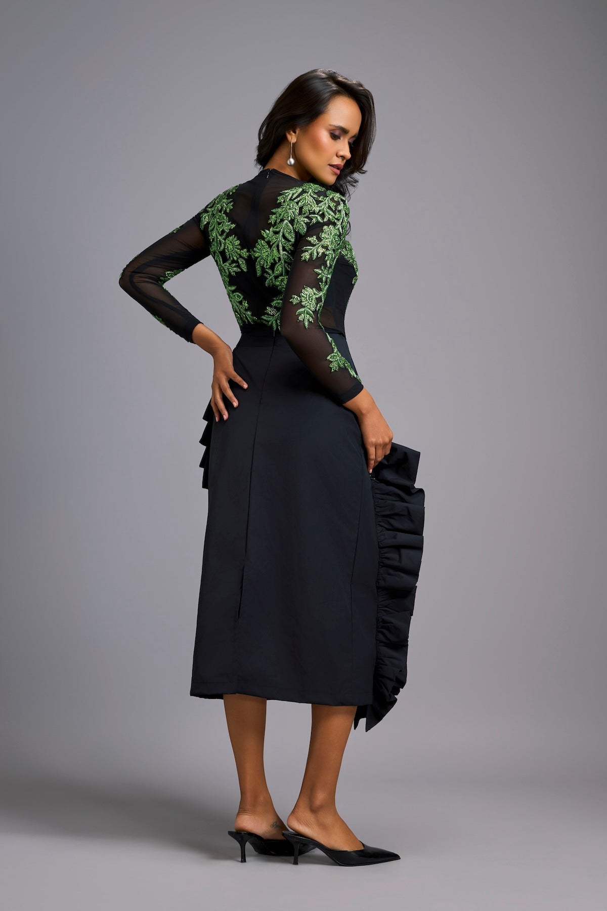 Green Swarovski-Embroidered Top with Asymmetrical Skirt