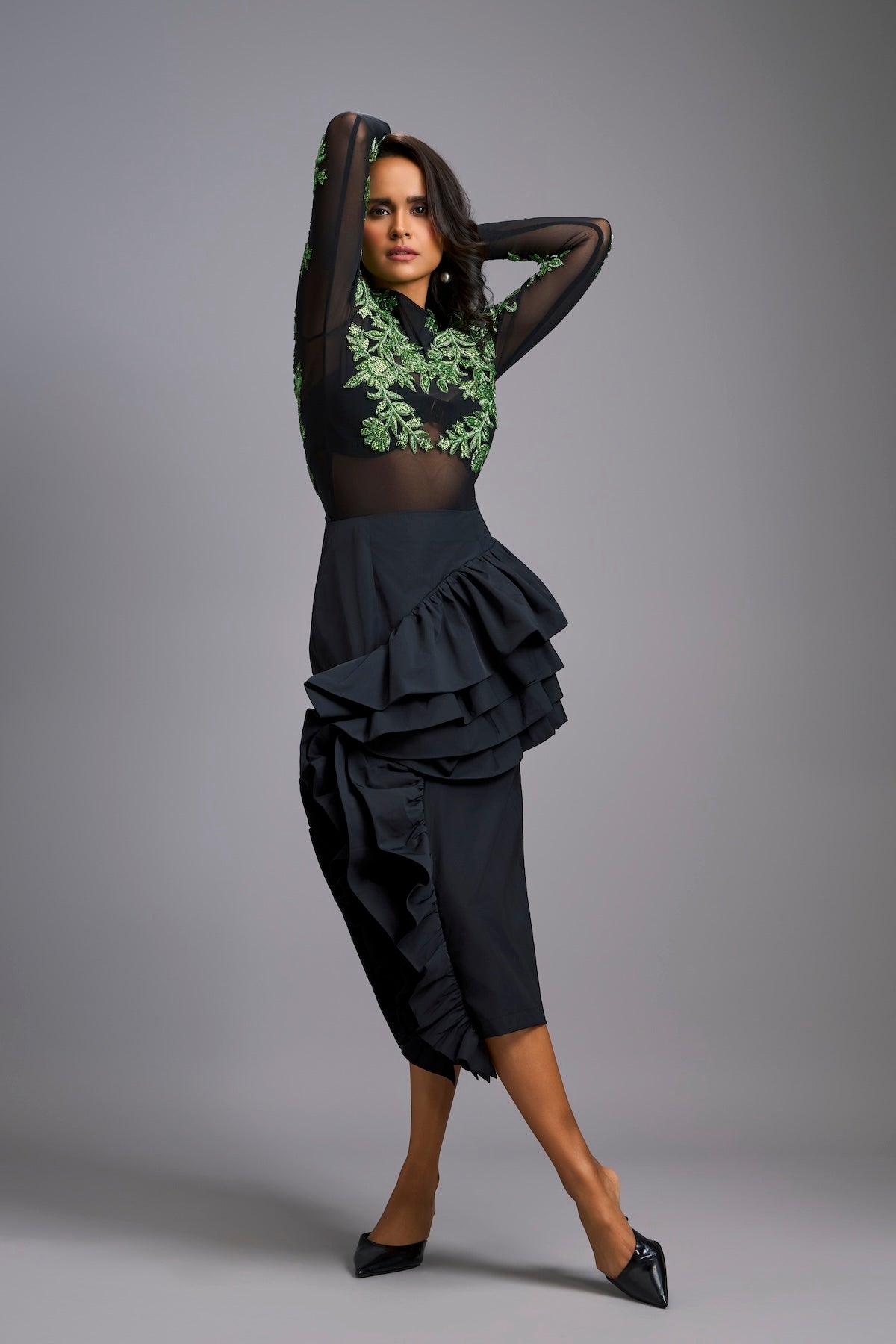 Green Swarovski-Embroidered Top with Asymmetrical Skirt