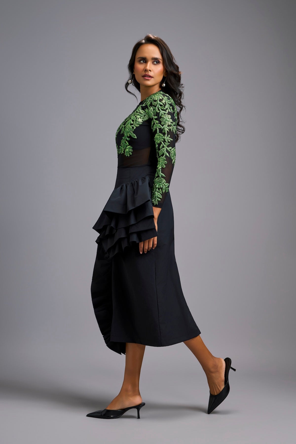 Green Swarovski-Embroidered Top with Asymmetrical Skirt