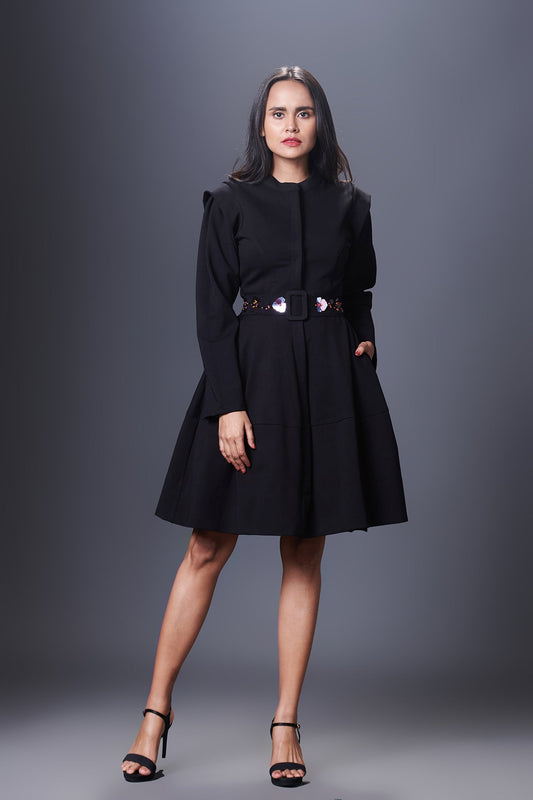 Black Jacket Dress With Hand Embroidered Belt