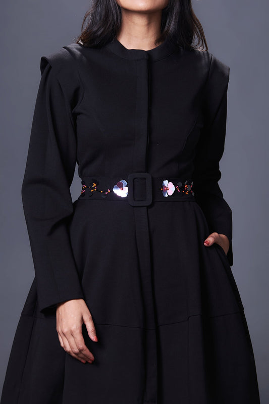 Black Jacket Dress With Hand Embroidered Belt