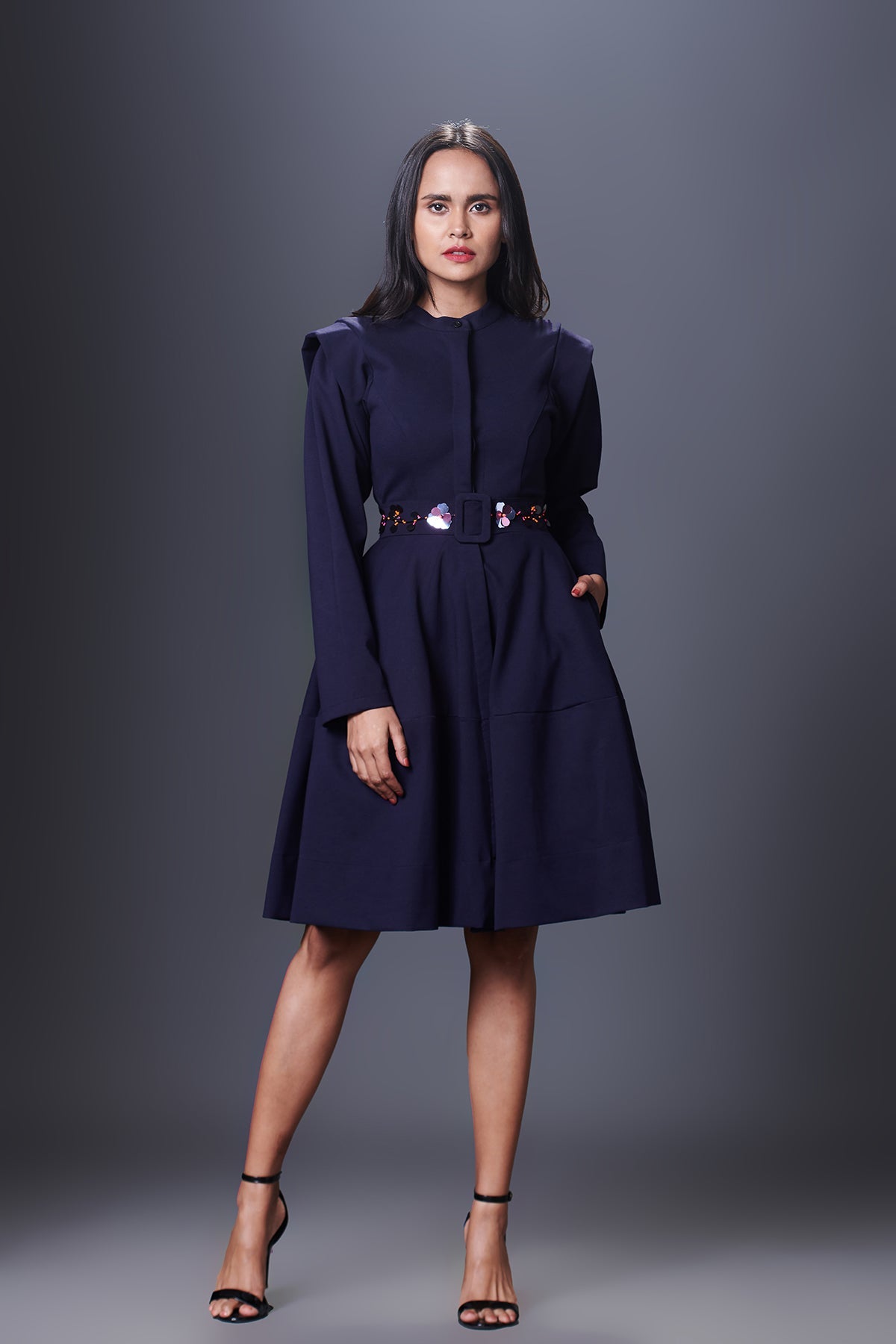 Navy Blue Jacket Dress With Hand Embroidered Belt