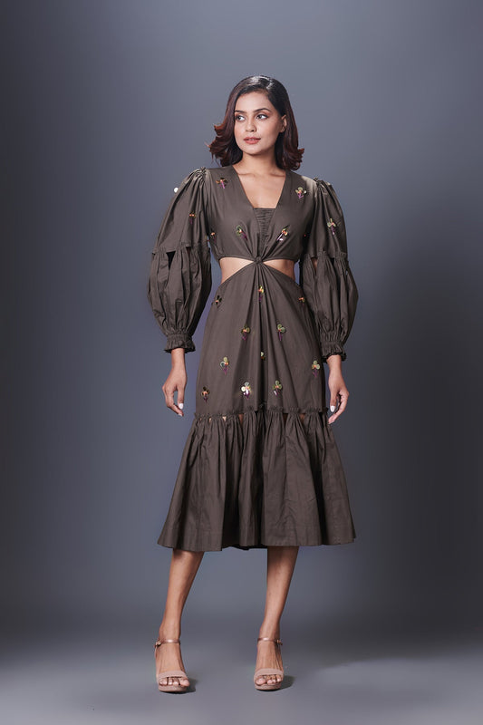 Olive Green Hand Embroidered Cutout Dress With Puffed Sleeves