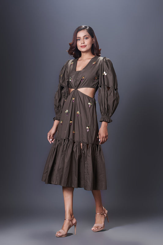 Olive Green Hand Embroidered Cutout Dress With Puffed Sleeves