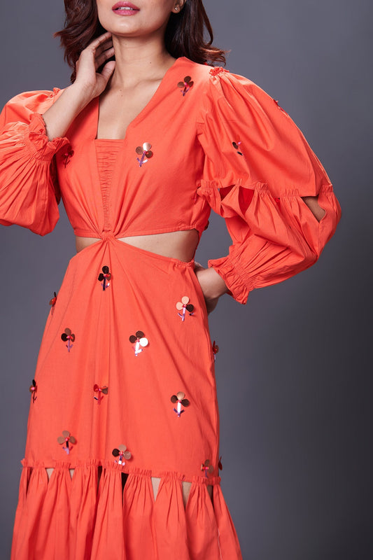 Orange Hand Embroidered Cutout Dress With Puffed Sleeves