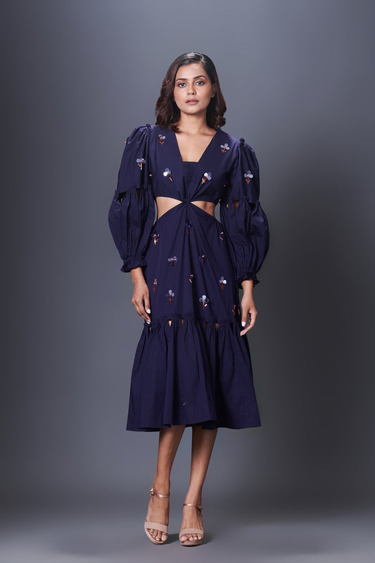 Purple Hand Embroidered Cutout Dress With Puffed Sleeves