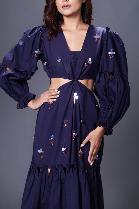 Purple Hand Embroidered Cutout Dress With Puffed Sleeves