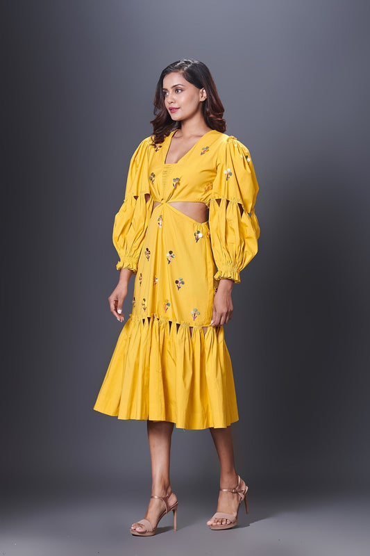 Yellow Hand Embroidered Cutout Dress With Puffed Sleeves