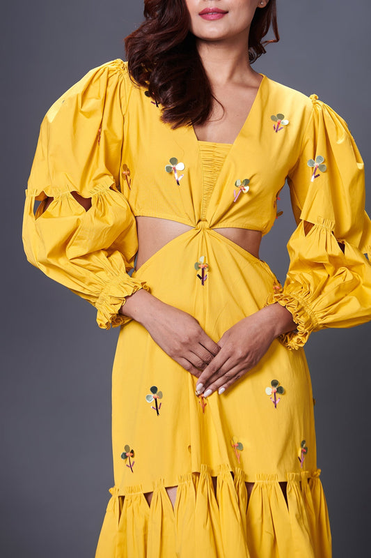 Yellow Hand Embroidered Cutout Dress With Puffed Sleeves