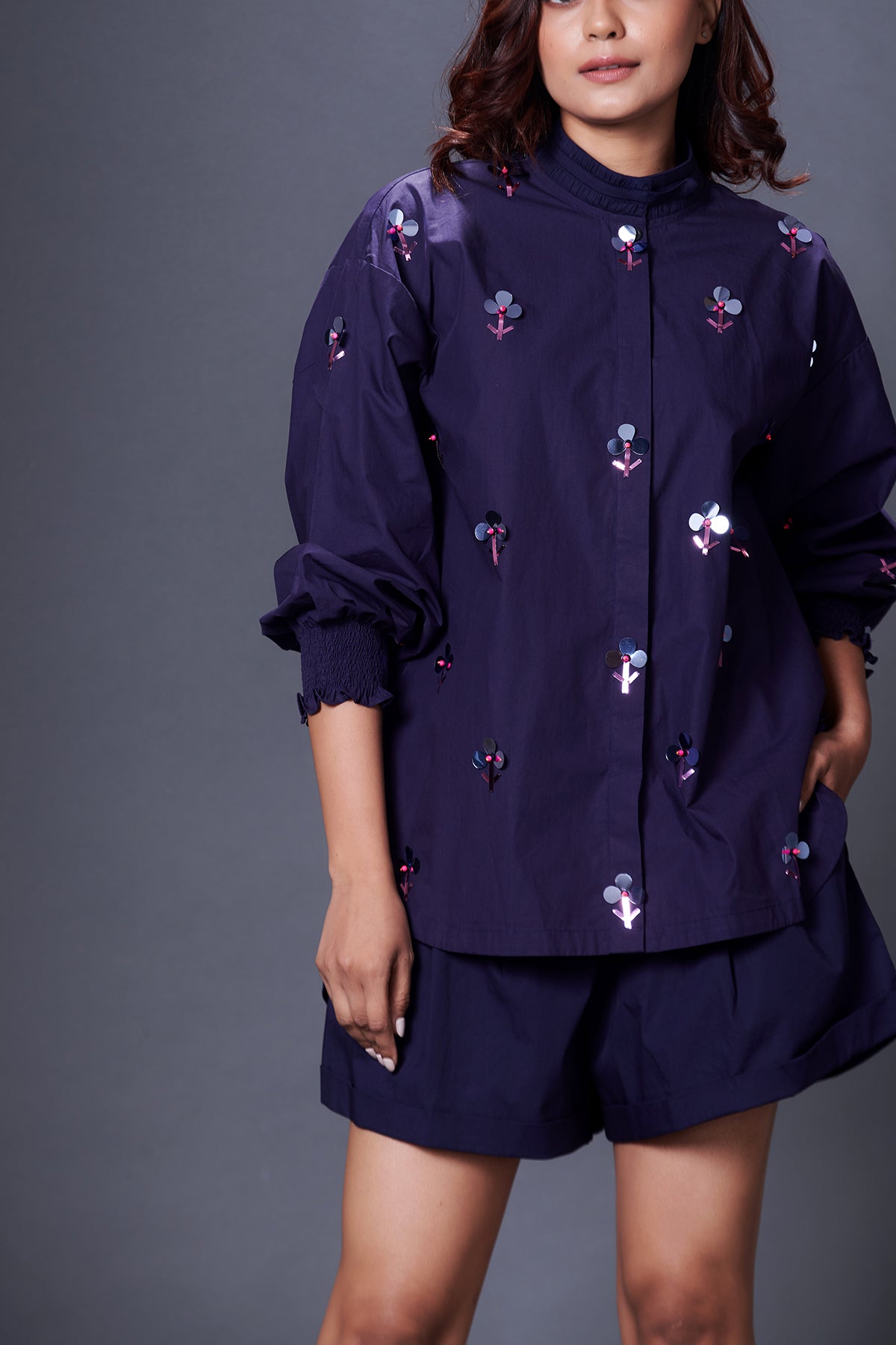 Navy Blue Hand Embroidered Shirt With Shorts Co-Ord Set